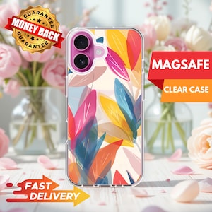 iPhone MagSafe Clear Case with Colorful Leaf Design Vibrant Botanical Art Case for iPhone 14-16 Slim Shockproof Cover Gift for Nature Lovers