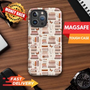 Book Lover iPhone MagSafe stoere hoes Boho bibliotheekstapel met vlinders Geschikt voor iPhone 14-16 Bookish Beschermend en stijlvol cadeau voor boekenwurmen