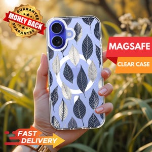 Custodia trasparente MagSafe per iPhone con elegante design a foglia color crema blu navy per gli amanti della natura. Custodia sottile, resistente ed estetica per iPhone serie 14-16.