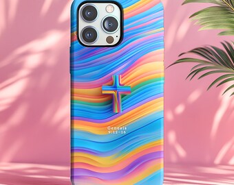 May include: A blue phone case with a colorful wavy design in shades of blue, yellow, orange, and purple. A rainbow-colored cross is centered on the case. The text "Genesis 9:12-16" is printed at the bottom.