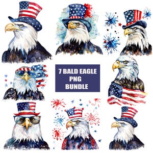 Bald Eagle PNG Bundle, Patriotic Sublimation PNG, Watercolor 4th of July Eagle, Independence Day Digital Download, USA American Flag Clipart