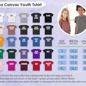 May include: Image of Bella Canvas Youth T-shirts in a range of colours, such as white, black, and navy. A size chart with measurements in inches is included. The image also shows two children wearing shirts. The text reads "Bella Canvas Youth Tshirt."