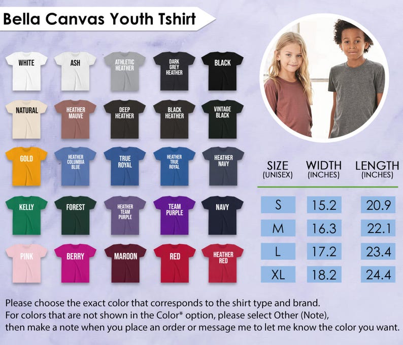 May include: Image of Bella Canvas Youth T-shirts in a range of colours, such as white, black, and navy. A size chart with measurements in inches is included. The image also shows two children wearing shirts. The text reads "Bella Canvas Youth Tshirt."