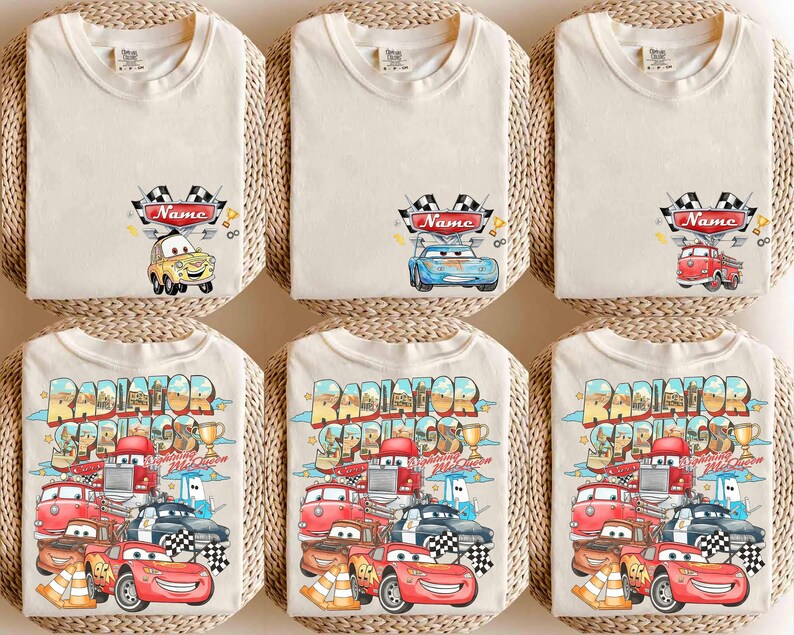 May include: Off-white t-shirts with cartoon car designs. The top row has a checkered flag and a name field, each with a different car. The bottom row shows a larger graphic with multiple cars and the text "Radiator Springs".