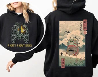 Camiseta de dos caras "A Heart's A Heavy Burden", sudadera, sudadera con capucha, camiseta de Calcifer de "El Castillo Ambulante", Studio Ghibli, regalo para amantes del anime