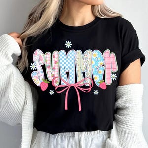 Summer PNG, Coquette Summer Shirt PNG, Gingham Strawberry Bow PNG, Pastel Floral Sublimation,Cute Summer Png,Retro Cottagecore Png for Girls
