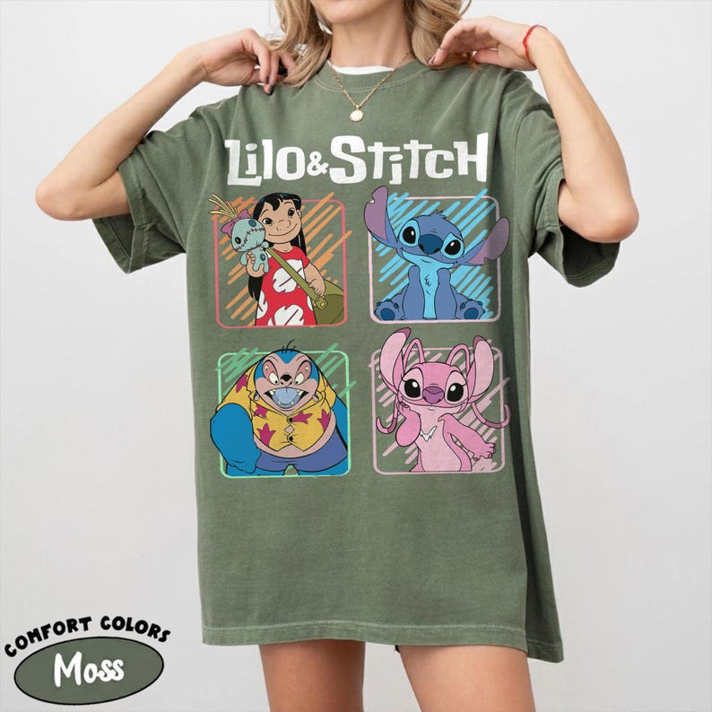 May include: Moss green t-shirt featuring the words "Lilo & Stitch" above four character illustrations. The characters include Lilo, Stitch, and other characters from the animated film. The shirt is a Comfort Colors brand.