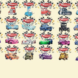 May include: A selection of Disney Cars movie characters, each illustrated as a cartoon car with distinct designs and colours. Each car is set against a checkered flag and a banner that says "Name". The text "ALL DISNEY CARS MOVIE CHARACTERS ARE AVAILABLE" is also visible.