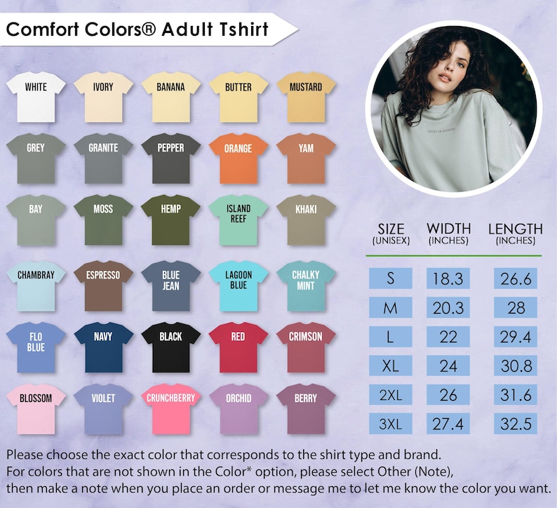May include: A range of Comfort Colors adult t-shirts in colours like white, grey, and black. The image includes a size chart with measurements in inches, and a woman wearing a green shirt. The chart shows the width and length.