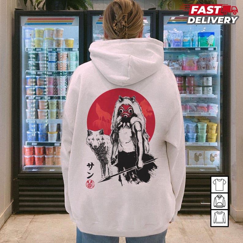 May include: White hoodie featuring a graphic of a warrior with a wolf, set against a red sun. The design is in black and red, with Japanese text. The hoodie has a drawstring hood and a kangaroo pocket.