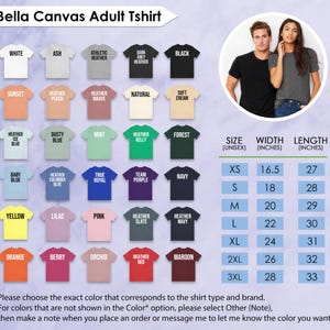 May include: An image displaying a range of Bella Canvas adult t-shirts in diverse colours, such as white, black, and heather grey. A size chart with measurements in inches is included, from XS to 3XL. The image also features a man and woman wearing the shirts.