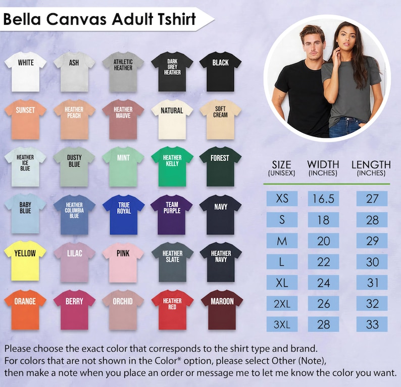 May include: An image displaying a range of Bella Canvas adult t-shirts in diverse colours, such as white, black, and heather grey. A size chart with measurements in inches is included, from XS to 3XL. The image also features a man and woman wearing the shirts.