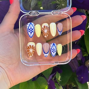 Greek Summer Press On Nails – 3D Lemons & Blue Pattern Design