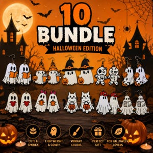 May include: A collection of ten pairs of Halloween-themed earrings featuring various ghost, cat, and voodoo doll designs. The earrings are displayed against an orange background with a haunted house, bats, and text reading 10 BUNDLE HALLOWEEN EDITION.