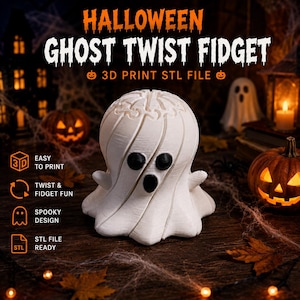 Pode incluir: Um brinquedo fidget fantasma branco impresso em 3D com olhos e boca pretos. O texto HALLOWEEN GHOST TWIST FIDGET 3D PRINT STL FILE é visível acima do fantasma, junto com ícones e texto indicando fácil de imprimir, diversão, design assustador e arquivo STL pronto.