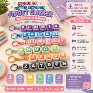 Puede incluir: Un archivo digital para un proyecto de impresión 3D de llaveros modulares con letras tipo fidget clicker. La imagen muestra seis llaveros coloridos y personalizables con nombres como Olivia, Casey, Emily, Noah, Jaxon y Zayden, con detalles STL.