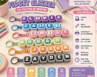 Tastenkappen-Klicker mit abgerundeten Kanten (STL-Datei), Tastatur-Schlüsselanhänger mit Klicker-Motiv (STL-Datei für 3D-Druck) | Fidget-Klicker mit benutzerdefiniertem Namen (STL-Datei)