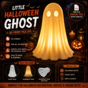 May include: A digital STL file for a 3D printed ghost decoration. The image displays a glowing, off-white, bell-shaped ghost figure with two oval eye cutouts. Text includes LITTLE HALLOWEEN GHOST, 3D PRINT FILE STL, STL FORMAT, and DIGITAL FILE ONLY.