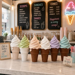 May include: Six decorative ice cream cone models in various pastel colors, including white, green, peach, lavender, and blue, displayed on a counter. Behind them are menu boards listing scoops, sundaes, and shakes, plus a neon ice cream sign.
