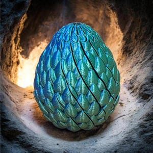 May include: A teal and blue decorative egg-shaped object with a textured, scale-like pattern. The object is set against a sandy, cave-like background, with light emanating from the back. The egg's surface reflects light, creating a shimmering effect.