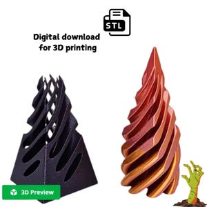 May include: Two 3D-printed decorative objects. One is black, the other is red and gold. The black object is a triangular prism with a spiral design. The red and gold object is a spiral cone shape. Text reads "Digital download for 3D printing" and "3D Preview".