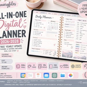 May include: A digital planner displayed on a tablet screen, featuring a daily layout with sections for focus, reminders, to-do lists, and meals. The interface includes tabs for calendar, goals, finance, planning, wellness, and notes, with text detailing 2026-2028 dates, 550+ pages, 4 themes, 99+ templates, 150 covers, and 4500+ stickers.