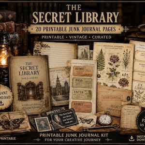Może przedstawiać: Zestaw do junk journalu The Secret Library zawiera 20 stron do druku z ephemerami w stylu vintage, w tym ilustracje botaniczne, bilety, etykiety i tekstury postarzanego papieru. Kolekcja zawiera napisy takie jak The Secret Library, Confidential i Ex Libris, utrzymane w sepiowej estetyce z różnymi elementami dekoracyjnymi.