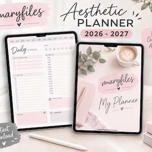 May include: Two tablets displaying a digital planner with a pink and white color scheme. The screen shows a daily schedule, to-do lists, and the text 'maryfiles My Planner'. The interface includes monthly tabs, priority sections, and goal trackers.