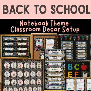 May include: A classroom decor set with a notebook theme featuring black and white composition patterns. Includes alphabet cards, month labels, subject headers like Reading and Math, and number charts with apples and school supplies graphics.