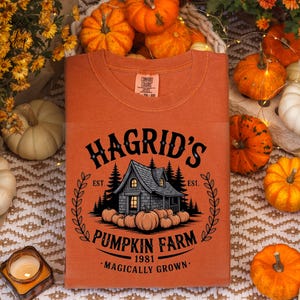 May include: Orange t-shirt with the text "Hagrid's Pumpkin Farm" and a graphic of a house and pumpkins. The shirt is surrounded by pumpkins and fall foliage, creating a seasonal theme.