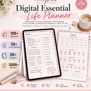 Peut inclure: Un planificateur de vie numérique essentiel affiché sur deux tablettes, présentant un emploi du temps quotidien pour le 1er août et une page d'index. Il inclut des sections bien-être, santé, productivité et finance, avec plus de 100 planificateurs.
