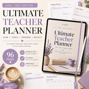 May include: A digital 2026-2027 Ultimate Teacher Planner with 96 pages, featuring interactive navigation, fillable fields, and printable US Letter format. The display shows a cover with lavender accents, a mug, and a lavender sprig illustration.