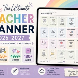Könnte beinhalten: Ein digitaler Lehrerplaner für 2026-2027 auf einem Tablet-Bildschirm. Die Benutzeroberfläche zeigt ein Dashboard mit Symbolen für Planung, Anwesenheit und Noten. Enthält Textbeschriftungen wie 700+ Seiten, 150+ Vorlagen, 4999+ Sticker und 180+ Einbände.