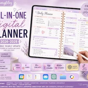 Puede incluir: Una agenda digital en la pantalla de una tableta con horario diario, calendario, lista de tareas y seguimiento de comidas. La interfaz incluye detalles en color lavanda, etiquetas de texto e iconos de funciones integradas.