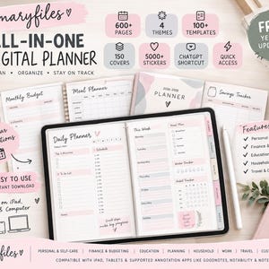 May include: An all-in-one digital planner by maryfiles displayed on a tablet screen, featuring daily planner pages with schedules, to-do lists, and habit trackers. The layout includes sections for meal planning, budget tracking, and savings, with icons for 600+ pages, 5000+ stickers, and 150 covers.