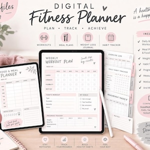 May include: A digital fitness planner displayed on two tablets, featuring a weekly workout plan and a food and meal planner. The interface includes sections for tracking workouts, meals, weight loss, and habits, with a stylus pen resting on the screen.