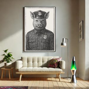 May include: Black and white illustration of a pig wearing a police officer's hat and uniform.