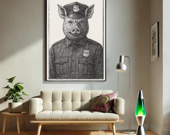 Schweine Cop – Satirisches Polizei Portrait | Dotwork AI Druckbare Kunst | Auffälliges digitales Download-Poster