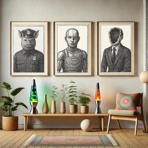 May include: Three black and white illustrations in frames on a white wall. The illustrations depict a pig wearing a police officer's hat, a man with a robotic body, and a man with a hole in his head. The frames are on a wall above a wooden shelf with lava lamps and potted plants.