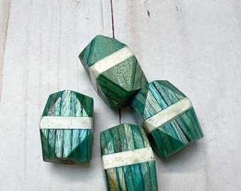 Handcarved Bone/wood Beads  | Carved wood/bone/green & white colors