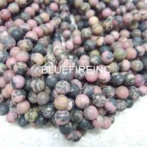 12mm Rhodonite Beads, Matte Finished,   Round Smooth, Natural Pink Black Color