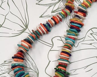 10-25mm Center Drilled Multi color Howlite  Turquoise Chip Slices, Flat slice Strands, Turquoise Magnesite Graduated Discs (15 Inches Long)