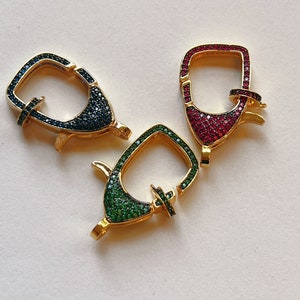 CZ Micro Pave Large Lobster Clasp, Gold Double Sided Claw, Colorful Cubic Zirconia Connectors, Green, Blue, Red