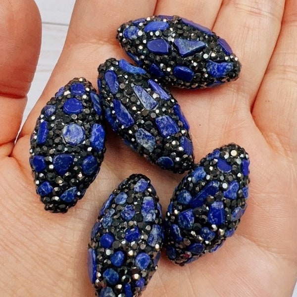 Lapis Chips with Rhinestone Pave Focal 15x30mm
