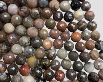 Cuentas de jaspe de madera petrificada, cuentas redondas facetadas, de 8 mm y 10 mm.