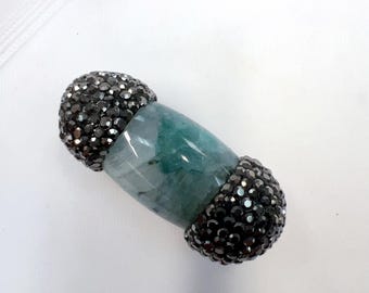 One of Kind  TEAL Color  Fired Agate Rhinestone Focal Bead, approximate 18x58mm