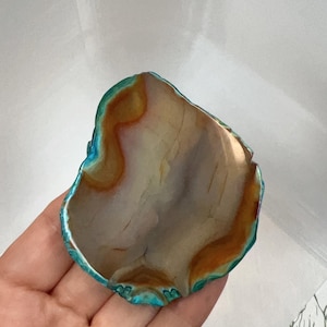 May include: A polished agate slice featuring a translucent, light-colored center with concentric bands of warm amber and brown, surrounded by a vibrant, dyed teal blue outer edge with a natural, irregular, and textured crystalline rock border.