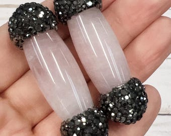 One Piece Of Rose Quartz Rhinestone Focal Bead, (17x51 mm)