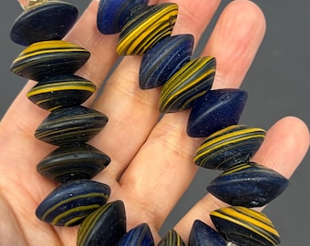 Recycled Glass Beads, Yellow Blue Color, African Beads For Jewelry Making, 20mm