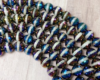 Electroplated  Mystic Color Tibetan Agate Beads,  Faceted Round
